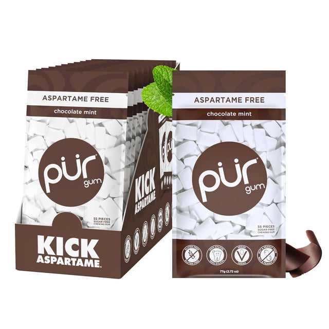 Pur gum packaging with a box and a single pack on a white background