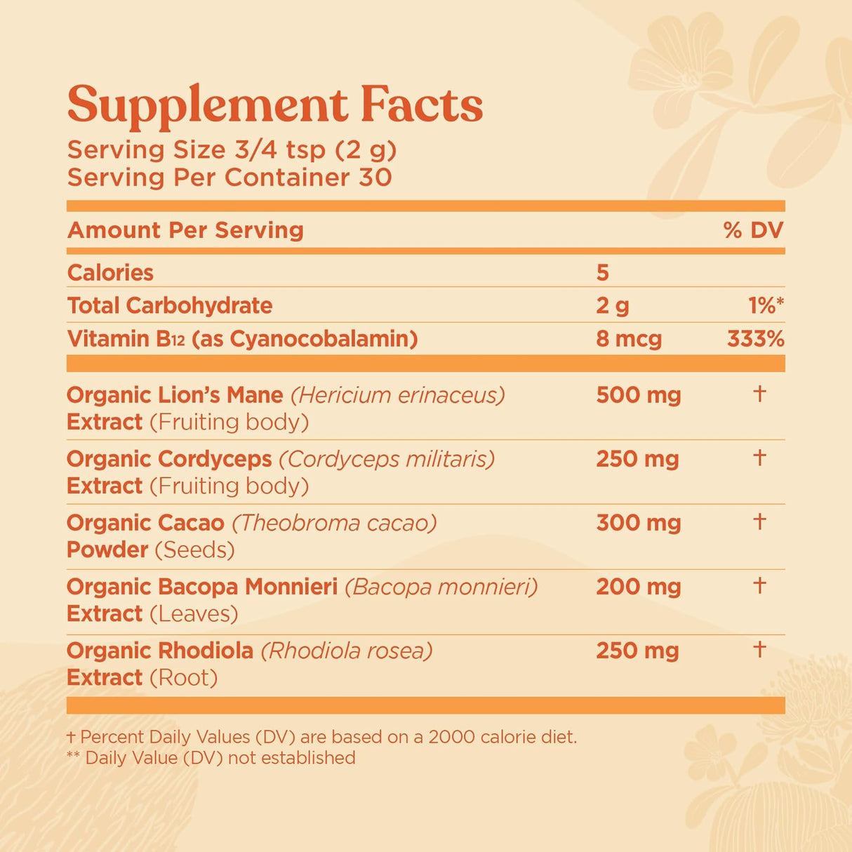 Supplement facts label with various health benefits on a beige background