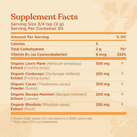 Supplement facts label with various health benefits on a beige background
