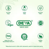 Collection of certification logos for gluten-free, dairy-free, gelatin-free, vegan, GMP, FDA, manufactured in USA, and animal-free on a green background.