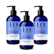 Three bottles of EO Essential Oils French Lavender hand soap on a white background