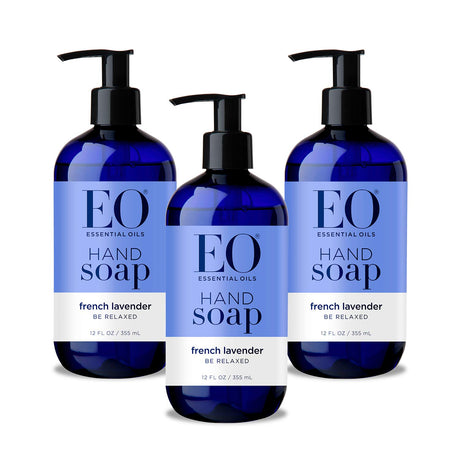 Three bottles of EO Essential Oils French Lavender hand soap on a white background