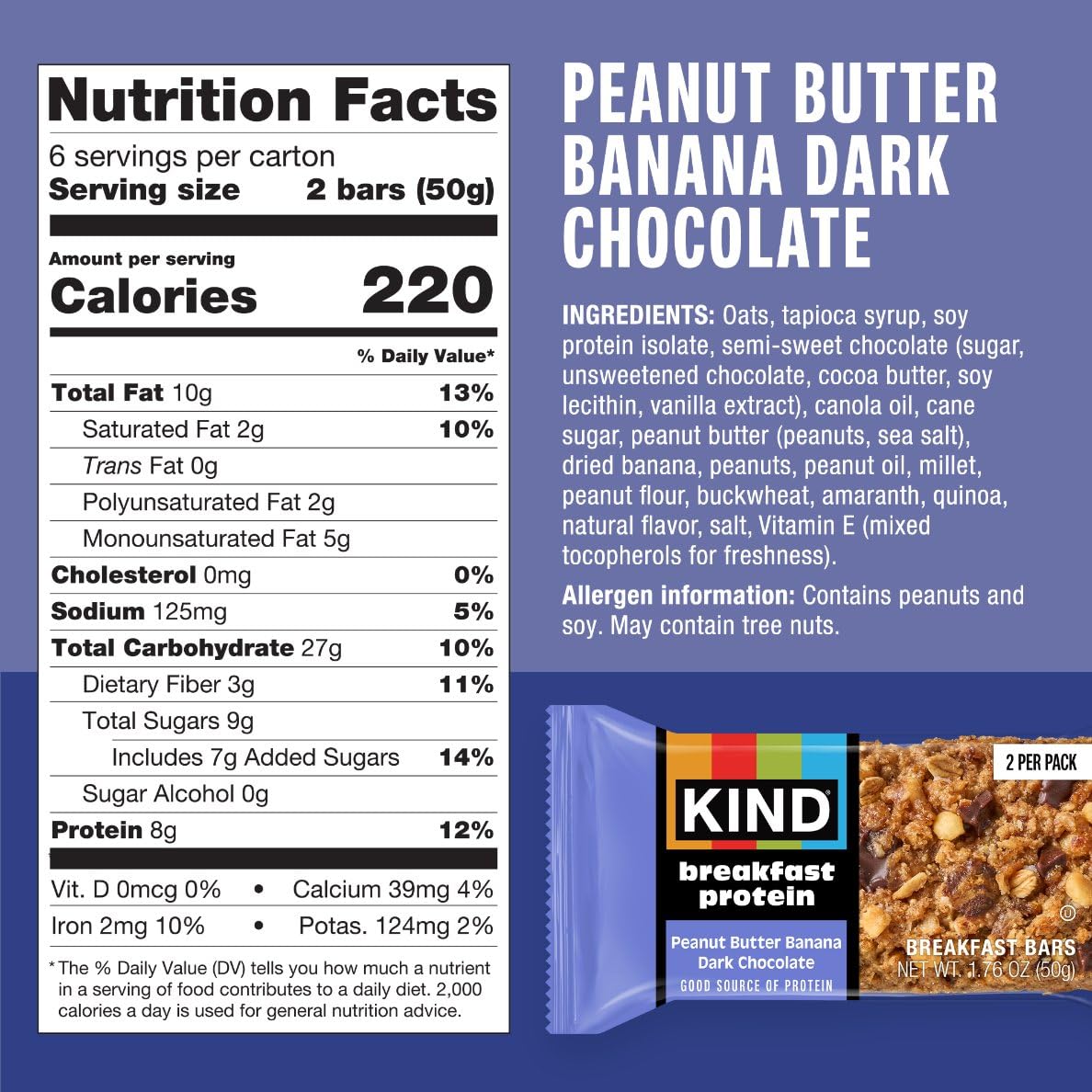 Peanut Butter Banana Dark Chocolate Protein Bars, 1.76 Oz. (Pack of 5 Boxes, 6 Bars Each) by Kind