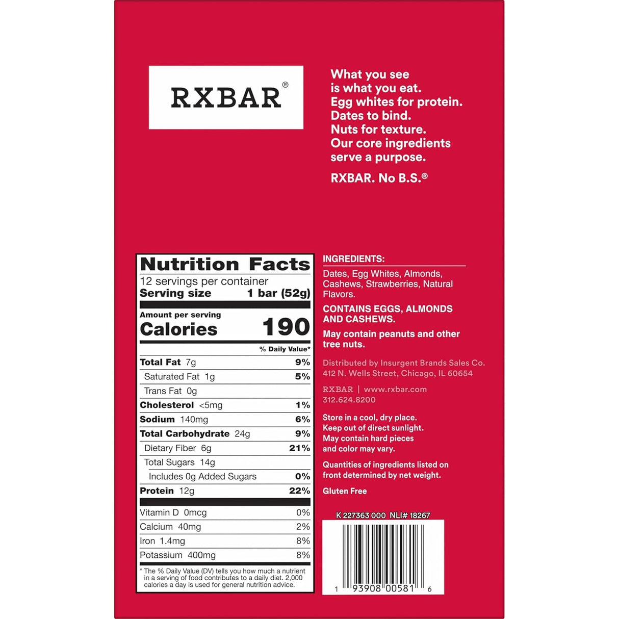 RXBAR Protein Bar - Strawberry - 1.83 Oz Bars, 12 Count - Real Food Protein