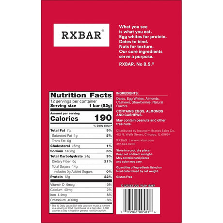 RXBAR Protein Bar - Strawberry - 1.83 Oz Bars, 12 Count - Real Food Protein