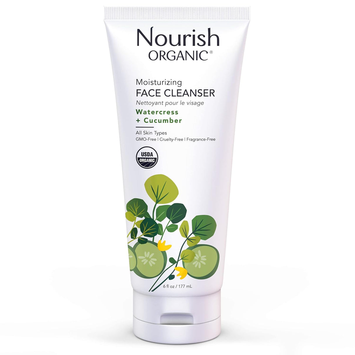 Nourish Organic moisturizing face cleanser tube on a white background