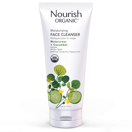 Nourish Organic moisturizing face cleanser tube on a white background