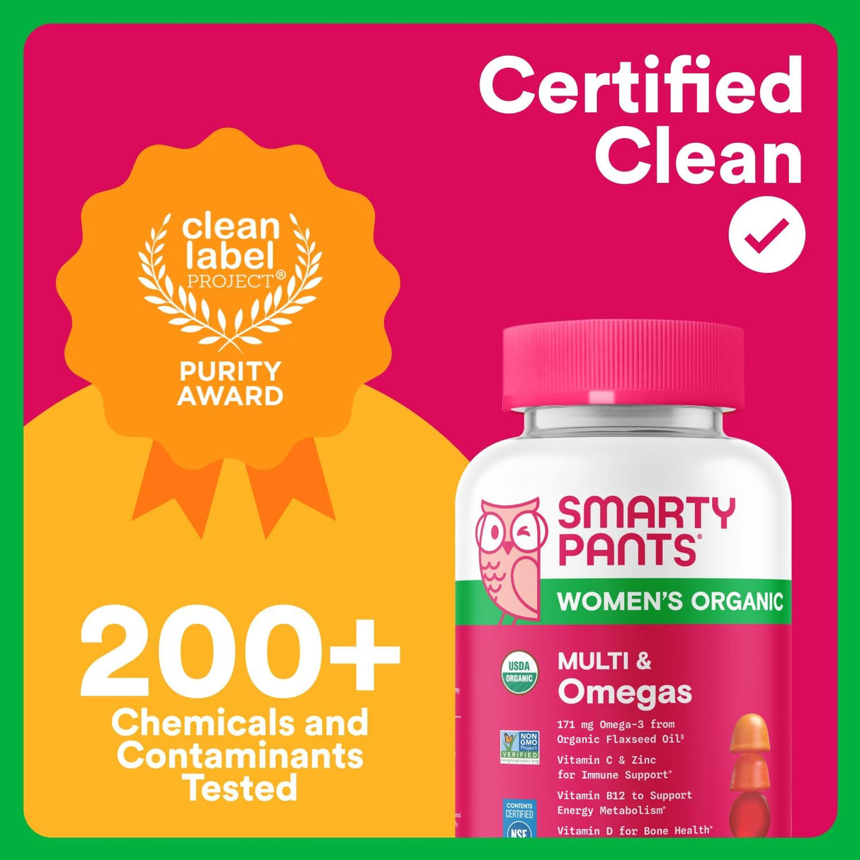 Smarty Pants Women's Organic Multi & Omegas supplement bottle with certification badges on a colorful background