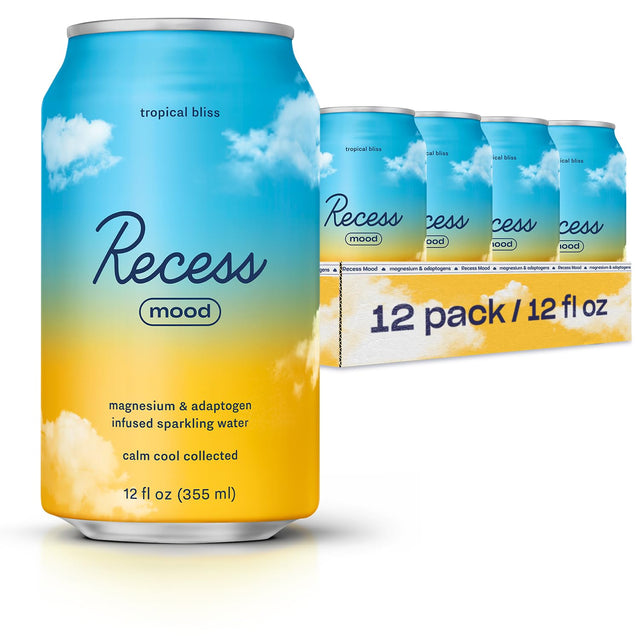 Recess mood sparkling water can with a tropical bliss design and packaging.