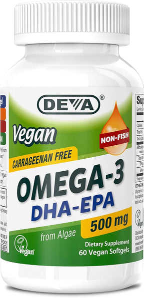 Deva Vegan Omega-3 DHA-EPA supplement bottle on a white background