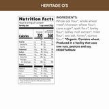Nutrition facts label and ingredients list for Heritage O's cereal on a white background.