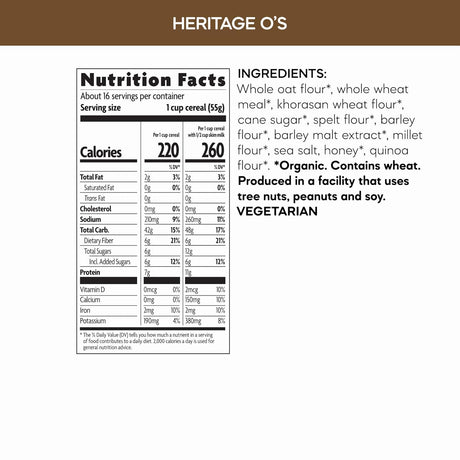 Nutrition facts label and ingredients list for Heritage O's cereal on a white background.