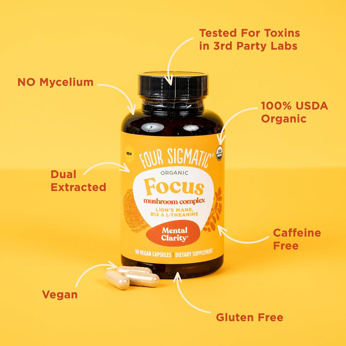 Four Sigmatic Focus mushroom complex supplement bottle on a yellow background with text highlighting features.
