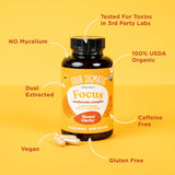 Four Sigmatic Focus mushroom complex supplement bottle on a yellow background with text highlighting features.