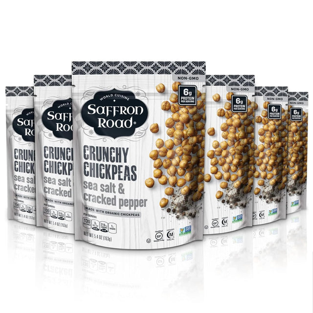 Saffron Road Crunchy Chickpeas packaging with chickpeas visible on a white background