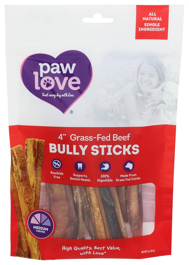 Paw Love - Bully Sticks 4in, 3 oz (Pack of 6) - Natural Dog Chews