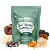 Four Sigmatic Gut Health mushroom blend package with mushrooms displayed on a white background