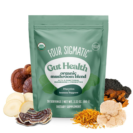 Four Sigmatic Gut Health mushroom blend package with mushrooms displayed on a white background