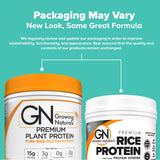Two containers of Growing Naturals protein powder with a teal background and text about product updates.