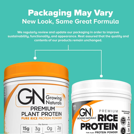 Two containers of Growing Naturals protein powder with a teal background and text about product updates.