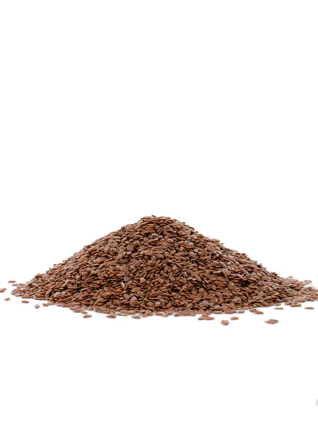 Pile of brown flaxseeds on a white background