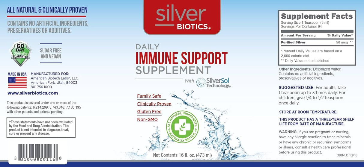 Silver Biotics daily immune support supplement label with branding and product details.