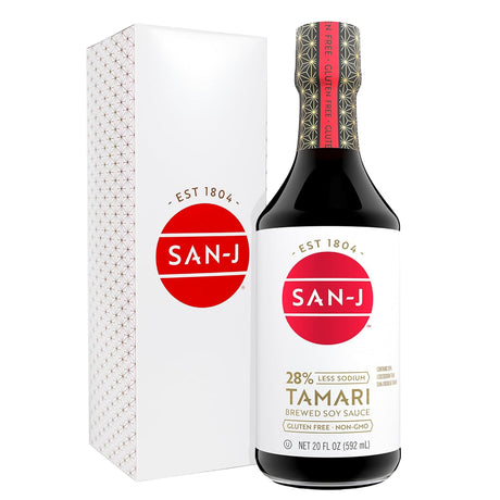 Bottle and packaging of SAN-J Tamari brewed soy sauce on a white background