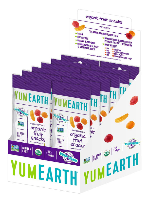 Display of YumEarth organic fruit snack packages on a white background