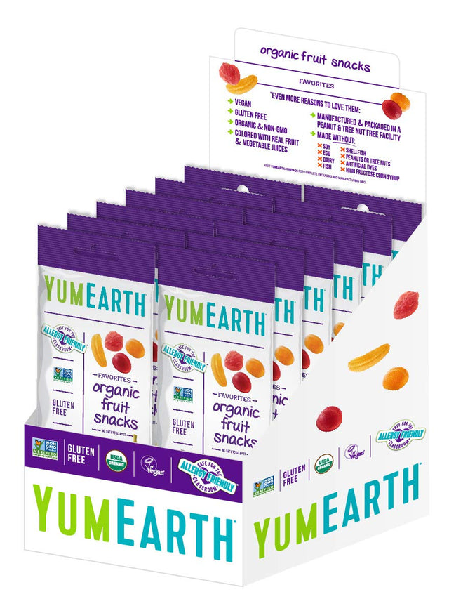 Display of YumEarth organic fruit snack packages on a white background