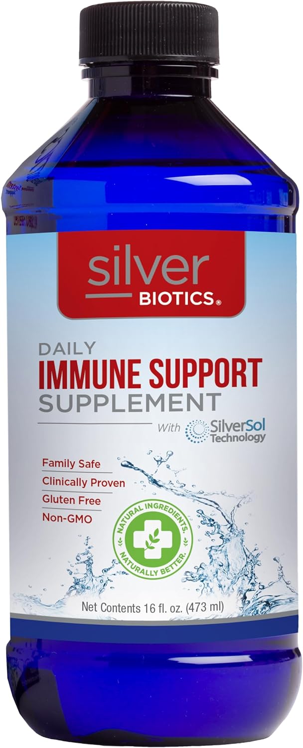 Bottle of Silver Biotics Daily Immune Support Supplement with blue label