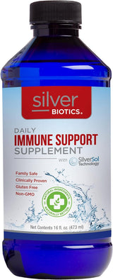 Bottle of Silver Biotics Daily Immune Support Supplement with blue label