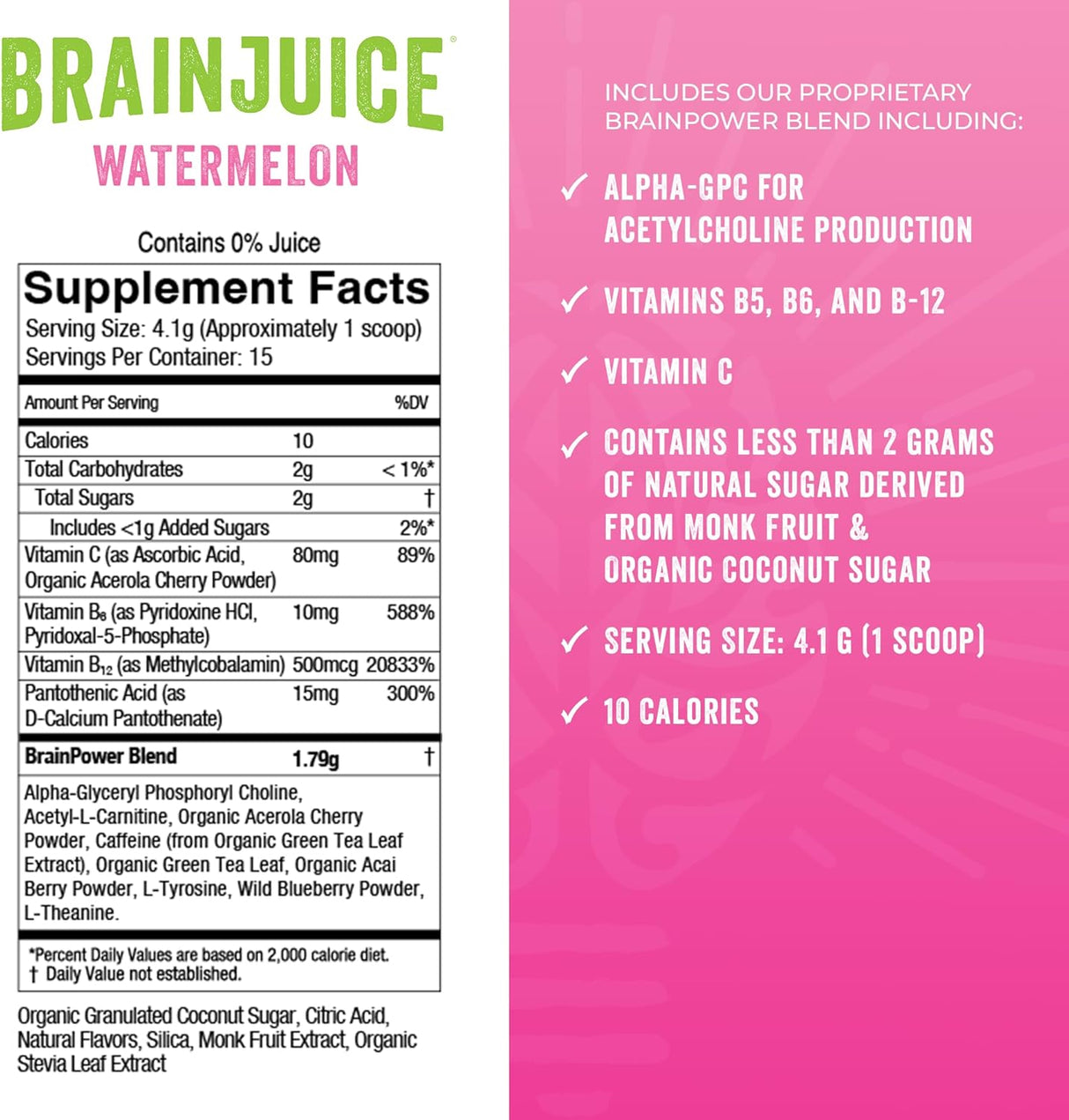 Supplement label for BrainJuice Watermelon flavor with supplement facts and ingredients listed.