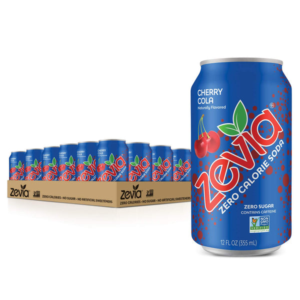Zevia Cherry Cola zero calorie soda can with a box of additional cans on a white background