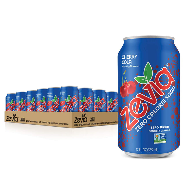 Zevia Cherry Cola zero calorie soda can with a box of additional cans on a white background