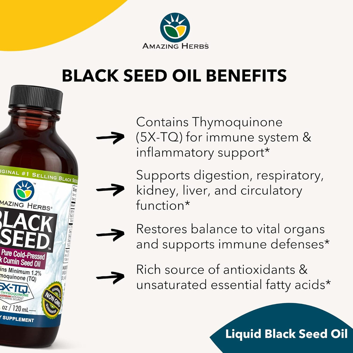 Bottle of Amazing Herbs Black Seed Oil with benefits listed on a white background
