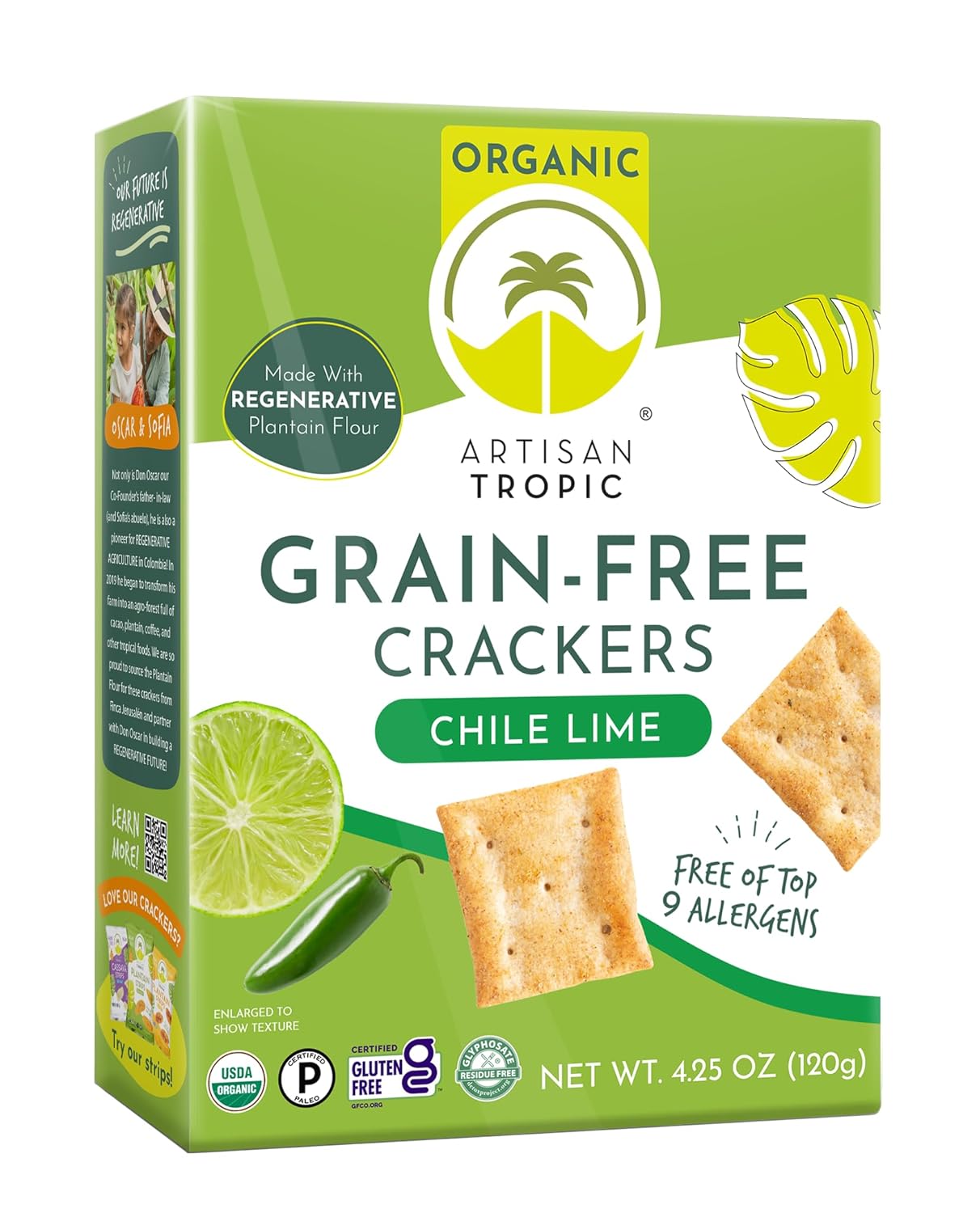 Artisan Tropic Organic Chile Lime Plantain Crackers, 4.25 oz (Pack of 6) - Gluten-Free Snacks