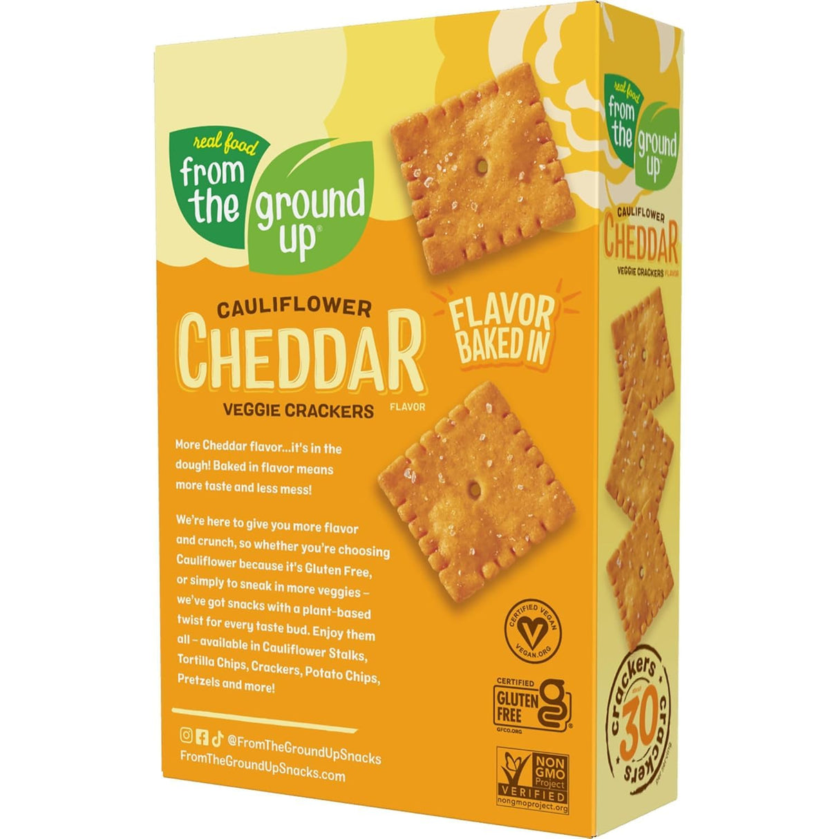 Box of cauliflower cheddar crackers from the brand 'From the Ground Up' on a white background.