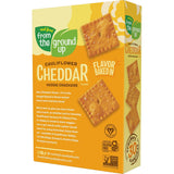 Box of cauliflower cheddar crackers from the brand 'From the Ground Up' on a white background.