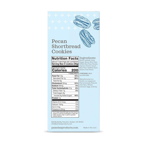 Panela's Pecan Shortbread Cookies packaging with nutrition facts on a light blue background