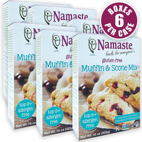 Namaste gluten-free muffin and scone mix boxes with a 'Boxes 6 per case' label.