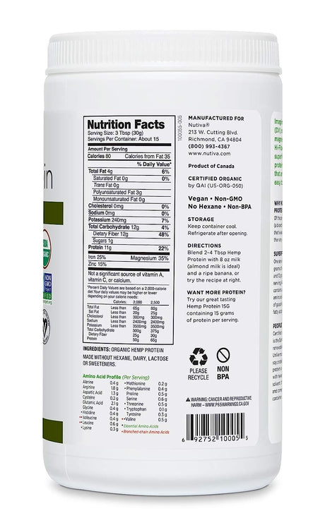 Nutiva Organic Hemp Protein Hi-Fiber, 16 Oz. - Cozy Farm 