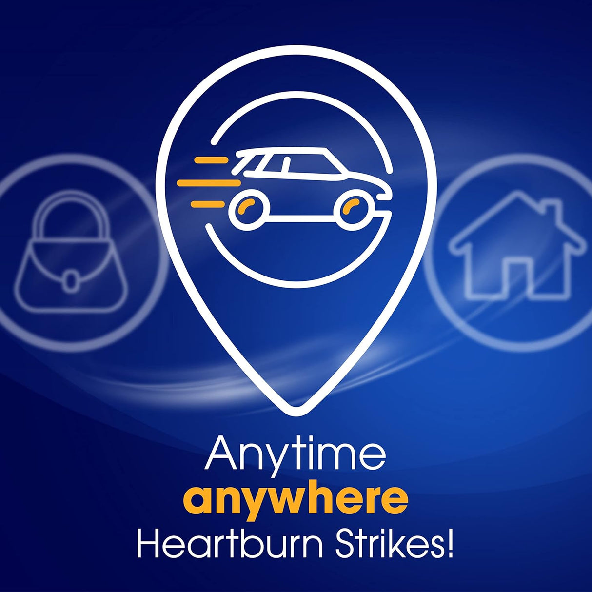 Logo with a car icon and text 'Anytime anywhere Heartburn Strikes!' on a blue background