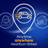 Logo with a car icon and text 'Anytime anywhere Heartburn Strikes!' on a blue background