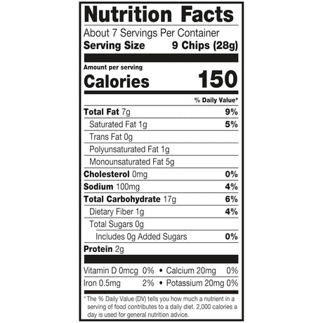 Nutrition facts label for a snack product with serving size and calories displayed.