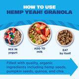 Three bowls of granola with different toppings on a blue background, featuring text on how to use Hemp Yeah! Granola.