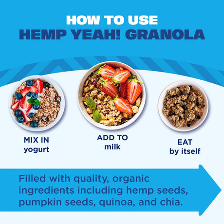 Three bowls of granola with different toppings on a blue background, featuring text on how to use Hemp Yeah! Granola.