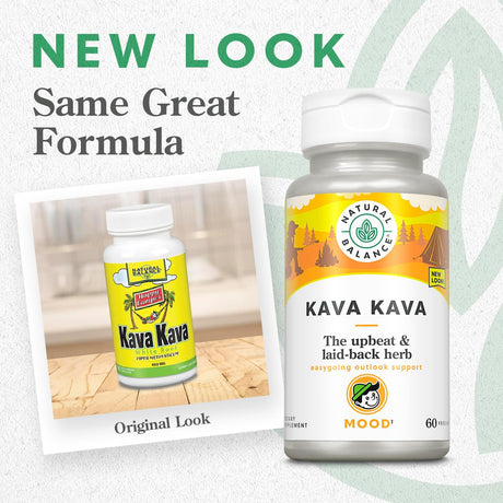 Kava Kava supplement bottle with 'New Look' text and original look comparison on a light background