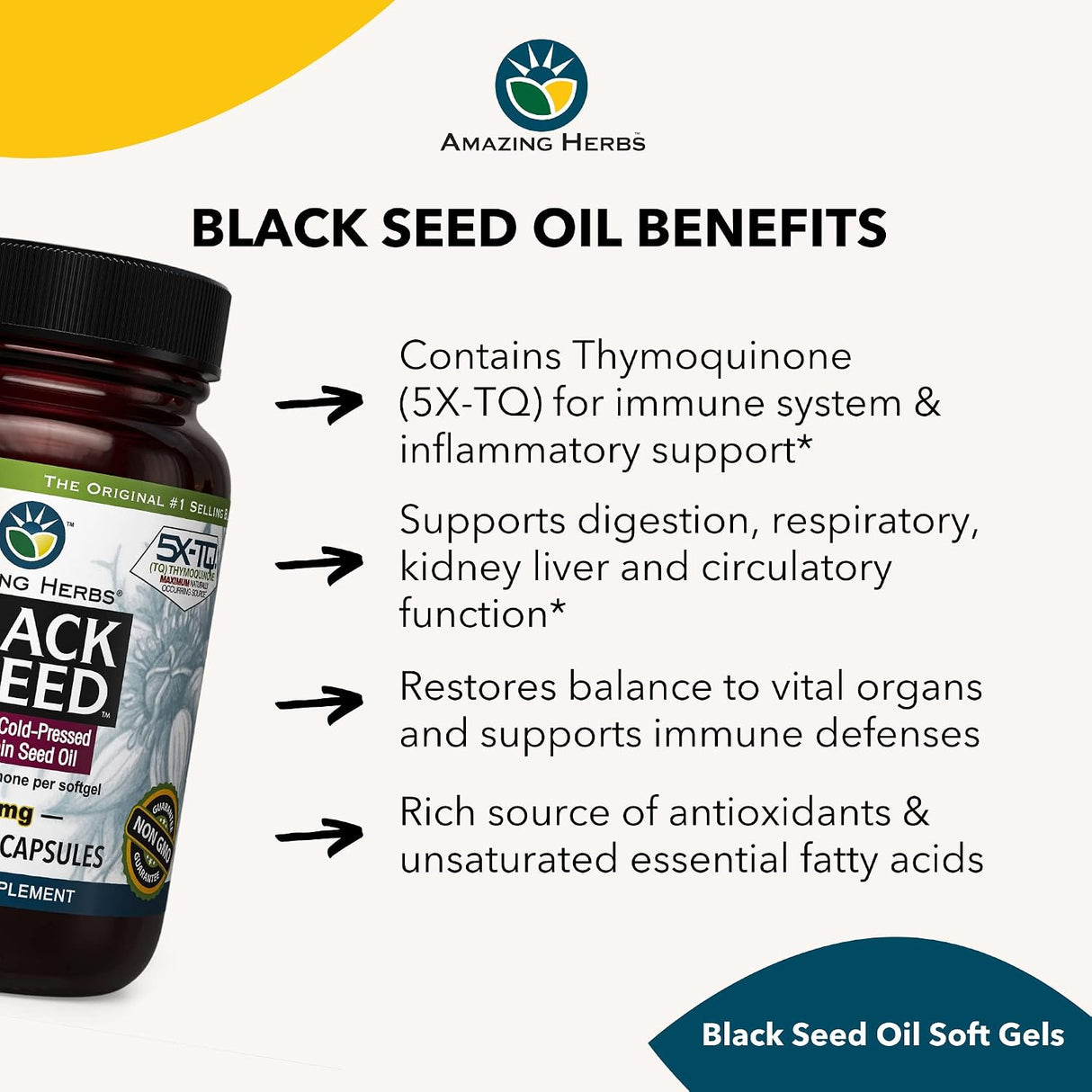 Amazing Herbs Black Seed Oil Softgels – Cold-Pressed Nigella Sativa  500 mg (Pack of 3)