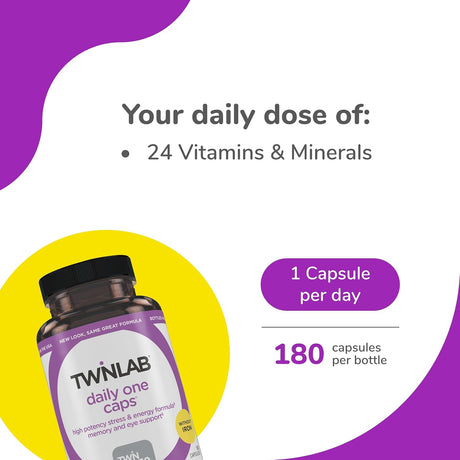 Twinlab daily one caps bottle with vitamin information on a white background