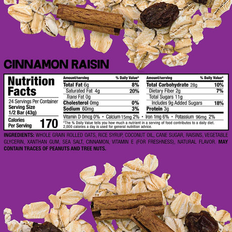 Bobo's Cinnamon Raisin Whole Grain Oat Bar 3 oz individually wrapped — non-GMO, kosher, whole grain snack bar ingredients